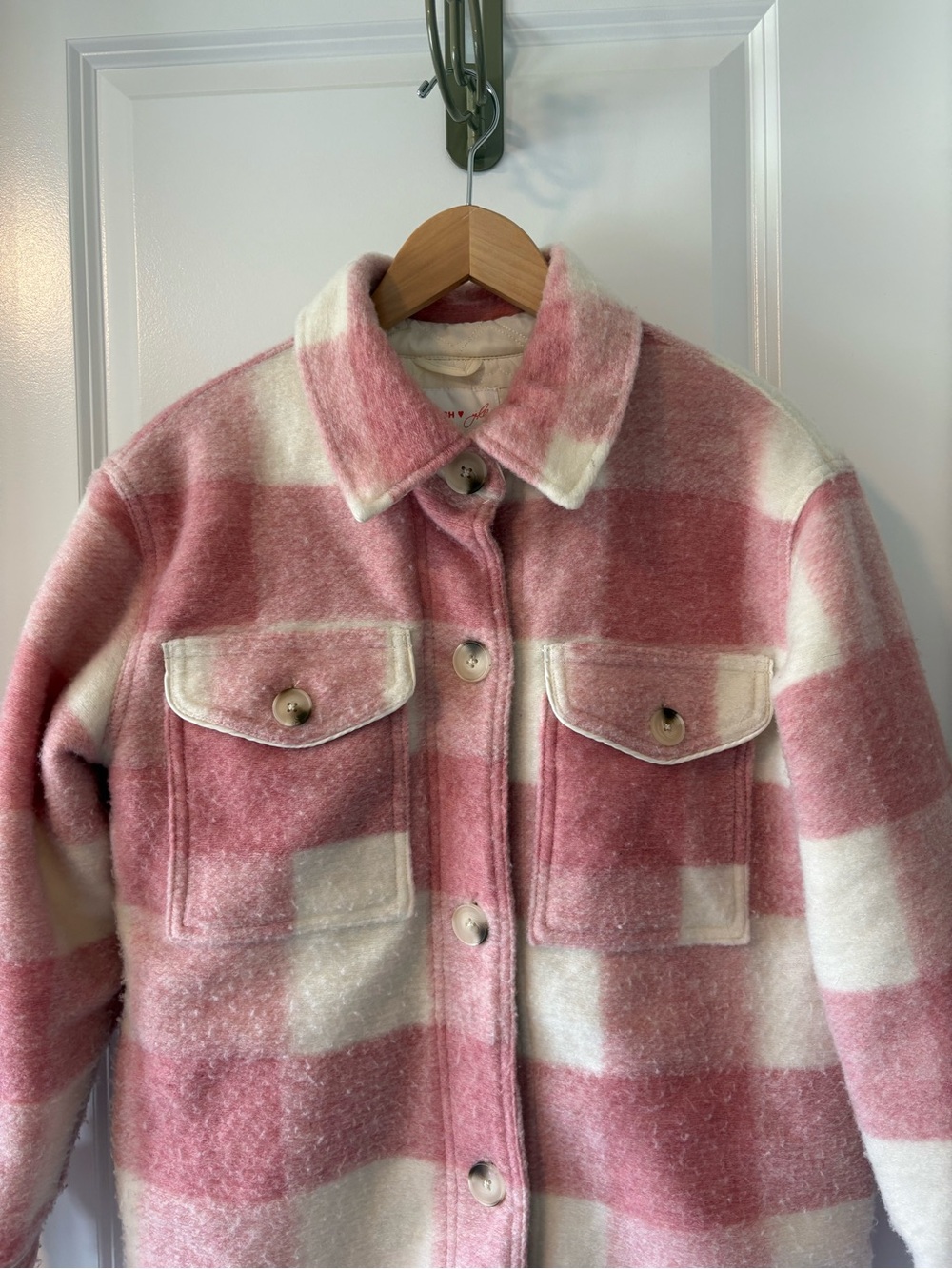 Joe Fresh x Jillian Harris Quilted Plaid Shacket Pink White Size Small - Picture 3 of 10